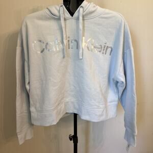 Calvin Klein Womens LS Cropped Hooded Sweatshirt L Pale Blue Metallic NWT